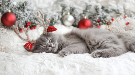 A charming gray cat adorned with festive antlers rests comfortably among red ornaments and snowy decorations, evoking a heartwarming holiday atmosphere.の素材