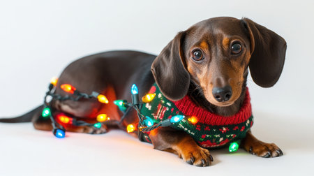 Adorable dachshund dog in a festive Christmas sweater, surrounded by colorful lights, creating a warm and joyful holiday atmosphere in a studio setting.の素材