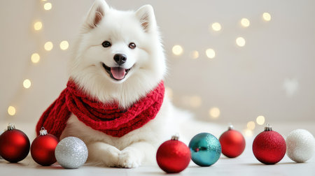 This joyful white dog in a red scarf is surrounded by colorful Christmas ornaments and twinkling lights, embodying the spirit of the holiday season in a cozy indoor setting.の素材