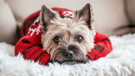 A cute small dog rests comfortably in a cozy red holiday sweater on a soft blanket, embodying the warmth and joy of the festive season in a home environment.の素材