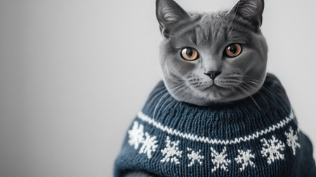 A charming gray cat in a warm knitted sweater sits gracefully, exemplifying pet fashion during the winter season, perfect for heartwarming visual content.の素材