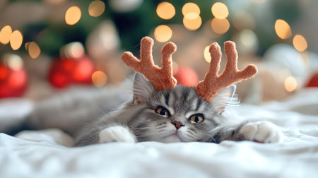 Adorable grey cat adorned with playful reindeer antlers lounging on a soft blanket, set against a backdrop of festive Christmas decorations and warm lights, exuding a cozy holiday spirit.の素材