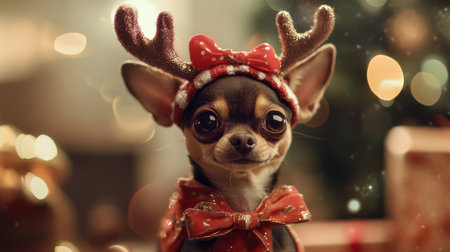 This charming chihuahua dressed in festive antlers and a bow tie captures the spirit of the holiday season, bringing joy and warmth to any cozy celebration.の素材
