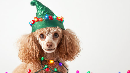 This charming poodle dog wearing a festive green Christmas hat and colorful lights captures the joy of the holiday season and makes a delightful pet portrait.の素材