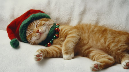 A charming ginger cat dressed in a festive holiday hat and necklace peacefully sleeps on a plush couch, embodying the joy and warmth of the Christmas season.の素材