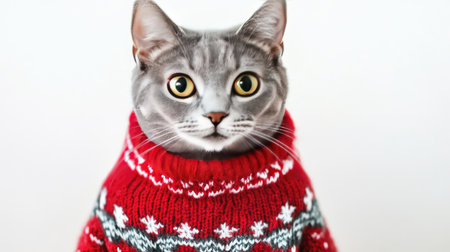 Adorable gray cat with expressive eyes wearing a bright red sweater, posing against a minimalist white backdrop, perfect for capturing the warmth of the holiday spirit and pet-themed content.の素材