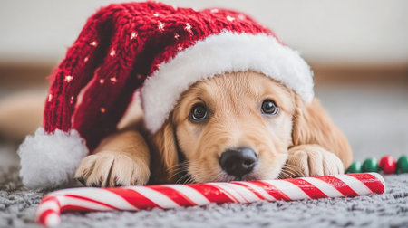 A cute golden retriever puppy in a Santa hat playfully rests next to a candy cane, capturing the essence of holiday cheer and warmth for the festive season.の素材