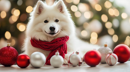 A delightful Samoyed dog wearing a bright red scarf looks happily at the camera, surrounded by shimmering Christmas ornaments, creating a warm holiday scene filled with joy.の素材