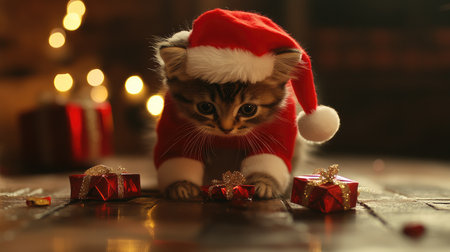 A charming kitten dressed in a festive Santa hat explores colorful Christmas gifts, creating a joyful scene filled with holiday spirit and warmth. Perfect for seasonal designs!の素材
