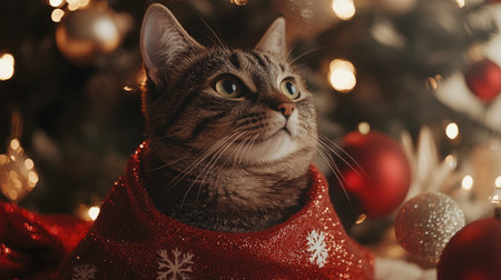 A charming cat snuggled in a sparkling red sweater, surrounded by a beautifully decorated Christmas tree, radiating warmth and holiday cheer in a cozy setting.の素材