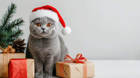 A charming gray cat dons a Santa hat among beautifully wrapped gifts and festive pine branches, creating a cozy holiday atmosphere perfect for Christmas celebrations.の素材