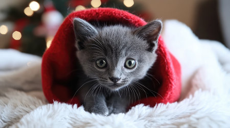 An adorable gray kitten rests snugly in a soft red blanket, creating a cozy atmosphere ideal for holiday moments. The background features subtle decorations enhancing the warmth.の素材
