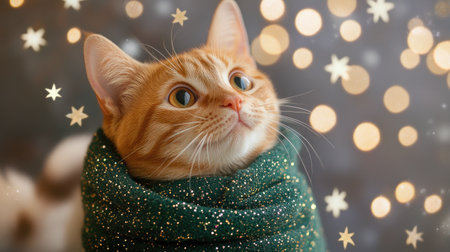 This charming image features a ginger cat wrapped in a shimmering green scarf, set against a backdrop of enchanting stars and festive bokeh, radiating warmth and holiday spirit.の素材