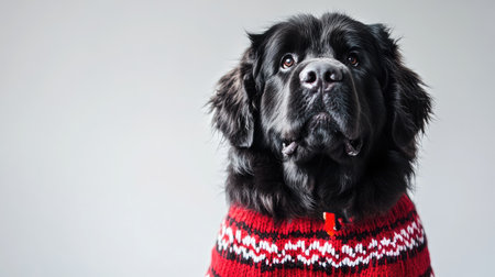 A charming black dog in a cozy red sweater poses beautifully, making it ideal for seasonal designs or heartwarming pet-related content. Perfect for holiday themes.の素材
