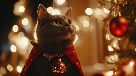 A charming gray cat wearing a vibrant red cape sits gracefully among twinkling Christmas lights, capturing the essence of holiday cheer and warmth during the festive season.の素材