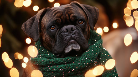 A charming brown dog wrapped in a green scarf sits amidst twinkling holiday lights, capturing the essence of winter festivities and evoking warm feelings of cheer and comfort.の素材