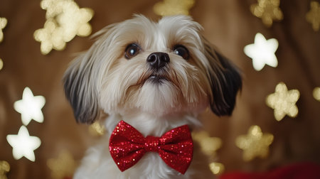 A charming small dog adorned with a shiny red bow tie, gazing sweetly in front of a festive starry background, perfect for holiday-themed projects or pet-related content.の素材