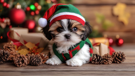 This charming puppy in a Santa hat and sweater brings joy to the holiday season, surrounded by festive decorations, presents, and pinecones in a cozy indoor setting.の素材