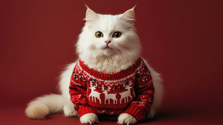 A charming white cat wearing a cozy red sweater with a reindeer design, sitting gracefully against a warm red background, perfect for holiday themed imagery.の素材