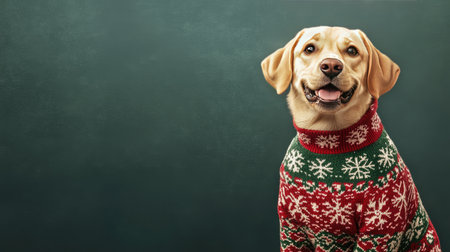 A cheerful Labrador Retriever wearing a festive Christmas sweater with snowflakes poses happily against a dark green backdrop, perfect for holiday-themed pet content.の素材