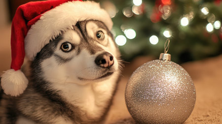 A charming husky dog dons a Santa hat while gazing at a shimmering silver ornament, perfectly capturing the festive spirit of the holiday season.の素材