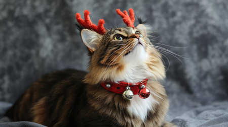This charming cat adorned with festive reindeer antlers and jingle bells brings joy and warmth to holiday celebrations, capturing a delightful indoor moment.の素材