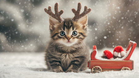 A charming brown tabby kitten adorned with festive antlers sits amidst falling snowflakes, next to a colorful sleigh, capturing the essence of joyful holiday moments.の素材