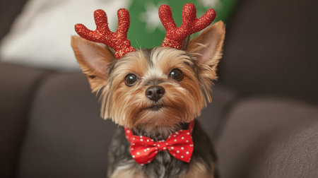 This cheerful small dog, dressed in festive reindeer antlers and a polka dot bowtie, captures the spirit of holiday joy, making it perfect for seasonal decorations and greetings.の素材