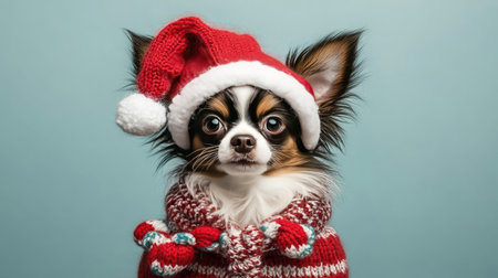 This charming Chihuahua wearing a cozy Christmas sweater and Santa hat brings joy and festive spirit to any holiday-themed project or greeting card.の素材