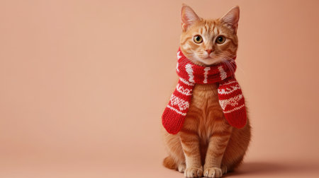 A delightful ginger cat sporting a vibrant red knitted scarf, radiating warmth and charm against a smooth peach background, perfect for winter-themed projects.の素材