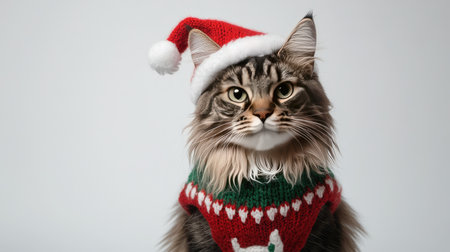 A charming cat dressed in a festive sweater and Santa hat captures the holiday spirit, featuring playful expressions and a cozy setting perfect for seasonal celebrations.の素材
