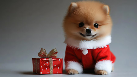 This charming Pomeranian puppy in a Santa outfit sits beside a beautifully wrapped present, embodying the holiday spirit with its cute expression and festive attire.の素材