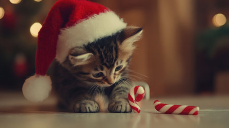 A charming kitten wearing a Santa hat engages with colorful candy canes in a warm, festive atmosphere, perfect for capturing the essence of holiday cheer and feline delight.の素材