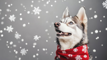 A playful Siberian Husky with striking blue eyes smiles under falling snowflakes, wearing a cozy red scarf. An ideal image for winter holiday promotions and festive themes.の素材