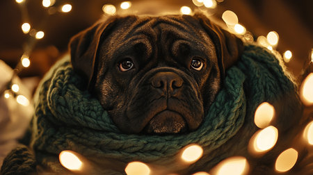 A charming black pug snuggled in a cozy scarf, illuminated by soft fairy lights, embodies the warmth and comfort of the winter season in a delightful indoor setting.の素材