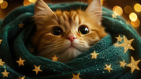 This charming ginger cat, nestled in a cozy green scarf, gazes with big expressive eyes, surrounded by twinkling golden stars, evoking a sense of warmth and festive cheer.の素材