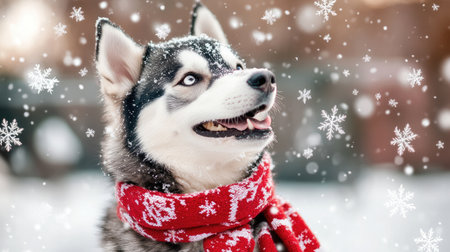 A charming Siberian Husky with a bright red scarf enjoys a snowy day. Snowflakes grace the scene, creating a captivating winter atmosphere ideal for holiday imagery.の素材
