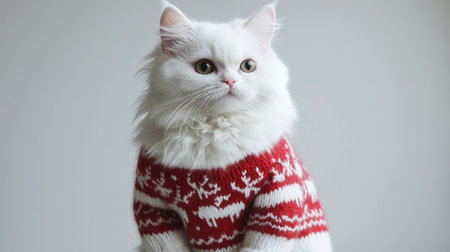 A charming white cat dressed in a festive red and white sweater, capturing the spirit of winter and holiday joy in a cozy indoor atmosphere. Perfect for seasonal themes!の素材