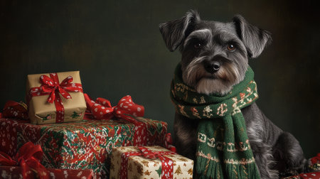 A charming black schnauzer dressed in a cozy green scarf sits proudly amidst colorful Christmas gifts, capturing the essence of holiday spirit and joy.の素材