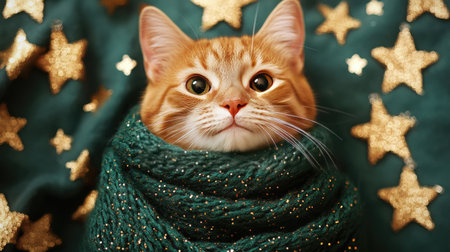 A charming ginger cat enveloped in a soft green scarf, exuding warmth amidst sparkling gold stars on a vibrant teal fabric, perfect for festive themes.の素材