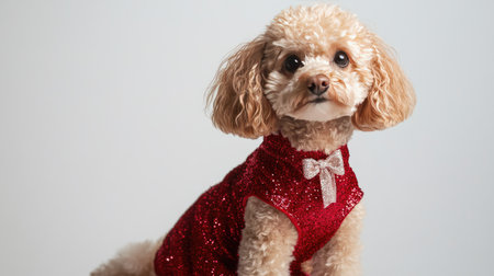 Adorable poodle dressed in a sparkling red dress with a bow shows off its charm in a studio setting, perfect for holiday-themed pet fashion photography.の素材