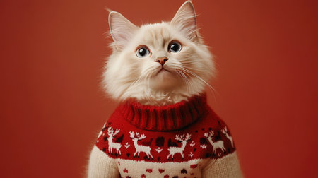 A charming cat dressed in a festive sweater poses against a vibrant background, exuding warmth and holiday spirit, perfect for seasonal themes or pet-oriented projects.の素材