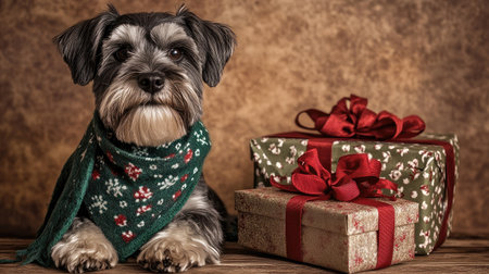 A charming dog dressed in a cozy green scarf sits next to beautifully wrapped holiday gifts, creating a heartwarming scene full of joy and festive cheer.の素材