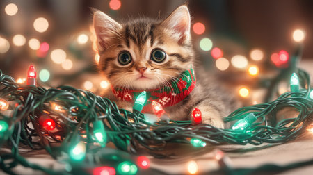 This enchanting image features an adorable kitten with big eyes nestled among colorful Christmas lights, radiating a joyful and festive ambiance perfect for holiday celebrations.の素材