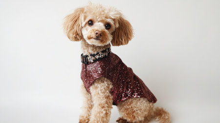 A charming poodle showcasing its sophisticated style in a sparkling dress, sitting gracefully against a clean background, perfect for pet fashion enthusiasts.の素材