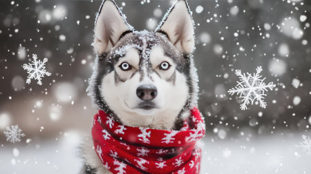 A charming husky dog wearing a festive red scarf stands amidst falling snowflakes, embodying the spirit of winter and the joy of the holiday season.の素材