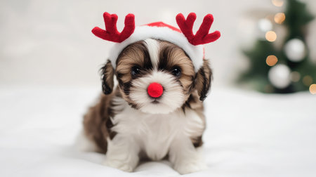 An adorable puppy wearing a Christmas hat and reindeer antlers, embodying the festive spirit. Perfect for holiday-themed projects, evoking warmth and joy.の素材