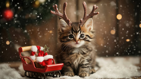 A charming fluffy kitten dons reindeer antlers by a festive sled, capturing the essence of holiday cheer with snowflakes softly falling around, perfect for Christmas-themed imagery.の素材