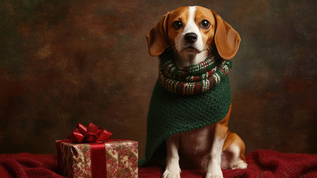 This charming beagle dog is dressed in a festive sweater, sitting next to a beautifully wrapped Christmas gift, creating a delightful holiday scene on a cozy red backdrop.の素材