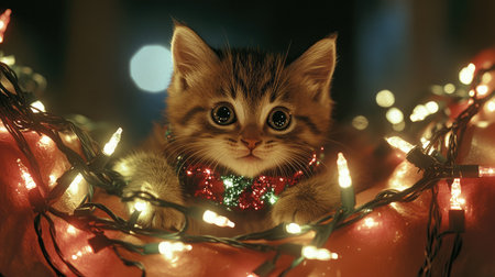 A cute kitten nestled among bright holiday lights, showcasing a joyful spirit and festive vibes, perfect for capturing the warmth of the seasonal celebrations.の素材